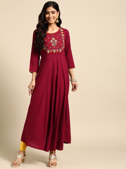 

RANGMAYEE Women Maroon Floral Embroidered A-Line Kurta