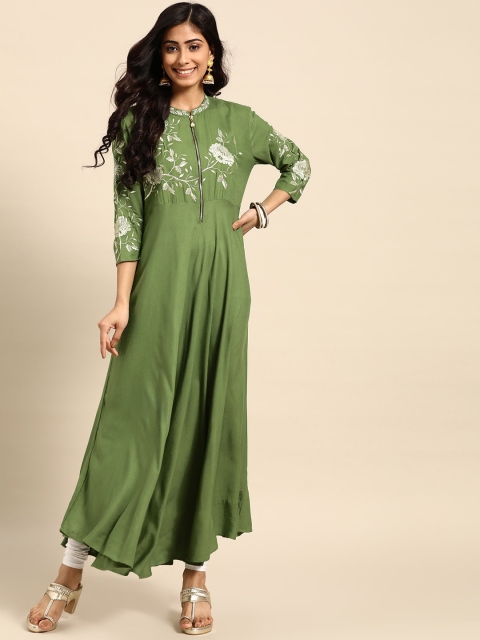 

Rangmayee Women Green Ethnic Motifs Yoke Design Thread Work Anarkali Kurta