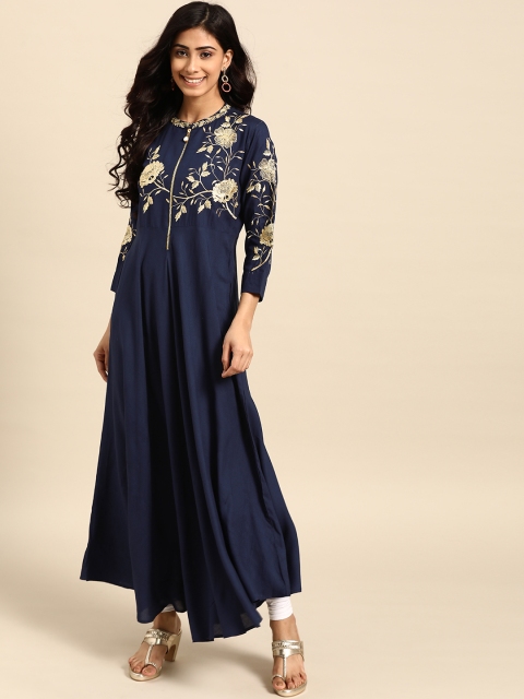 

RANGMAYEE Women Navy Blue & Golden Floral Embroidered A-Line Kurta