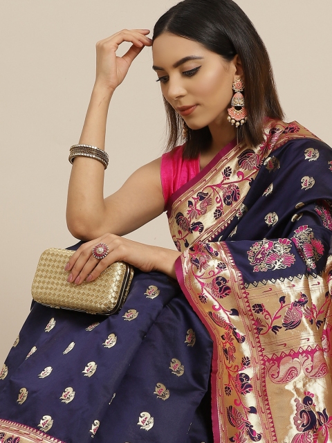 

Anouk Navy Blue & Gold-Toned Ethnic Motifs Woven Design Saree