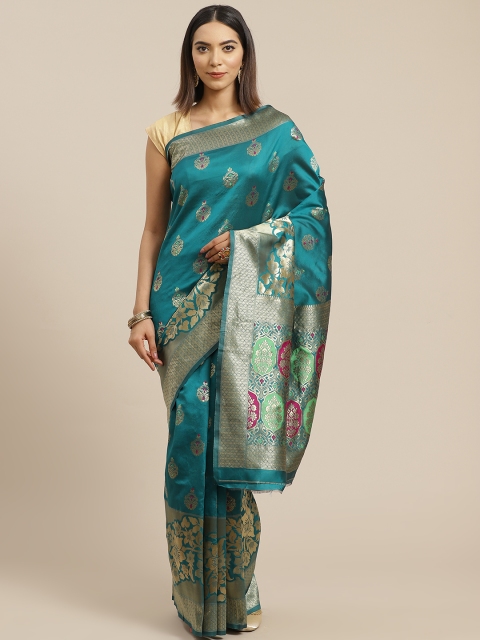 

Anouk Teal Blue & Golden Ethnic Motifs Woven Design Banarasi Saree