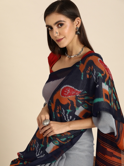 

Anouk Grey & Navy Blue Jute Silk Solid Bhagalpuri Saree