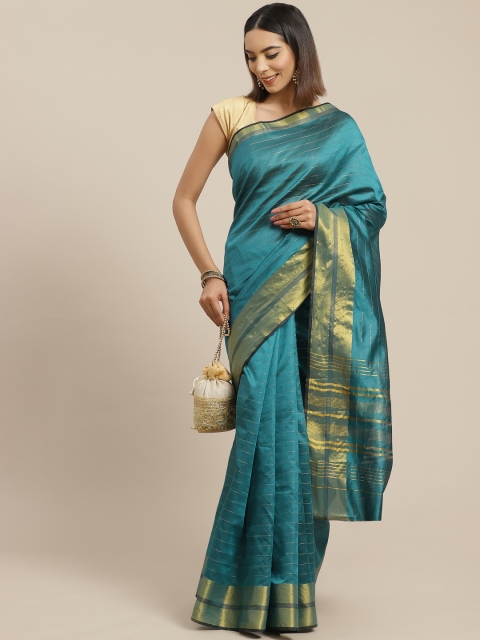 

Anouk Teal Blue & Golden Striped Embroidered Silk Blend Banarasi Saree