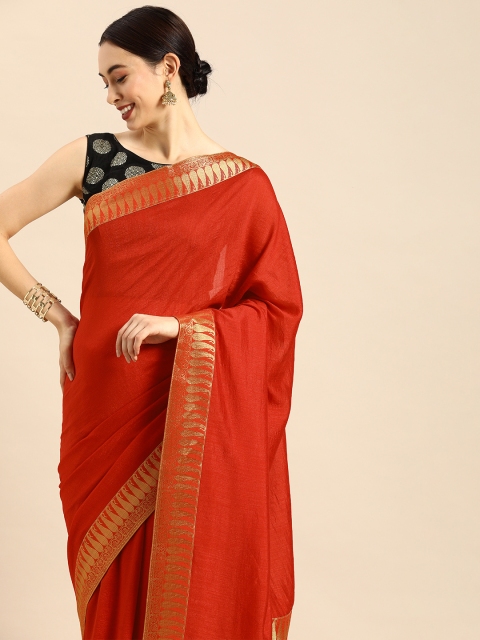

Anouk Red Cotton Blend Solid Banarasi Saree