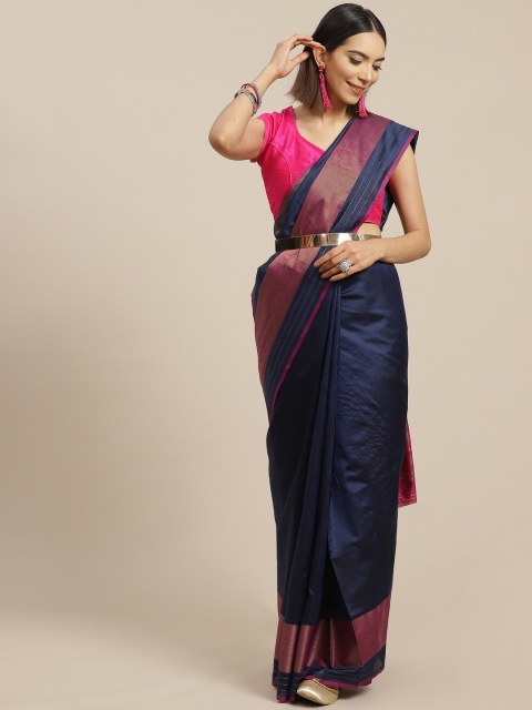 

Anouk Navy Blue & Magenta Solid Silk Blend Banarasi Saree