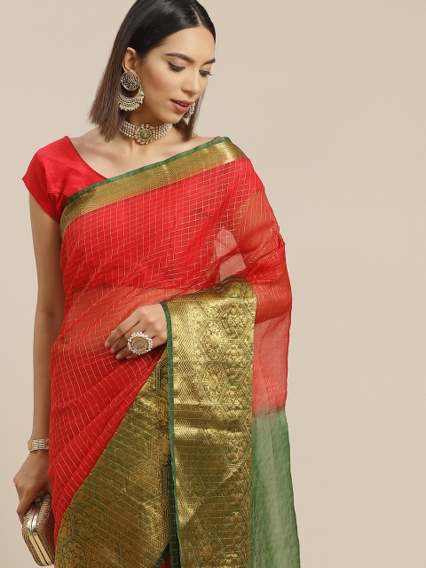 

Anouk Red & Green Checked Organza Mysore Silk Saree