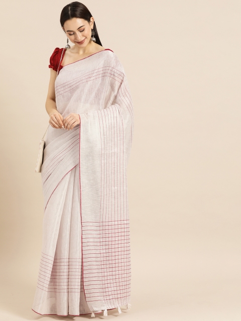 

Anouk White & Red Linen Blend Woven Design Bhagalpuri Saree