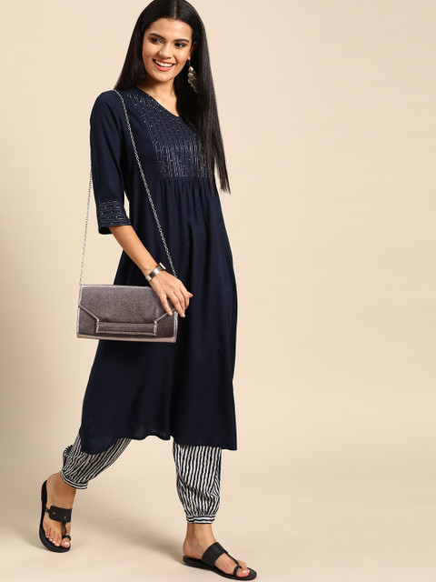 

Anouk Women Navy Blue & White Yoke Design Kurta with Salwar