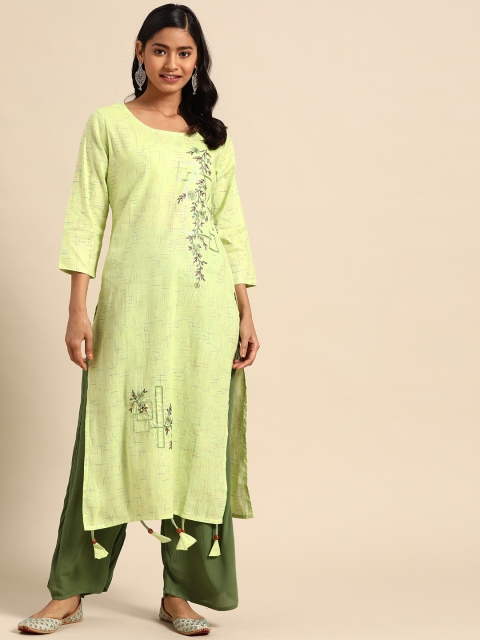 

Rajnandini Women Green Ethnic Motifs Embroidered Pure Cambric Cotton Sequins Kurta