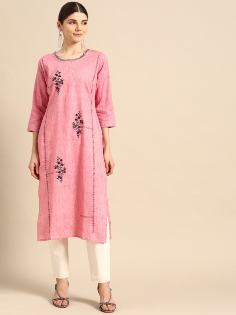 

Rajnandini Women Pink Floral Embroidered Floral Pure Cambric Cotton Kurta