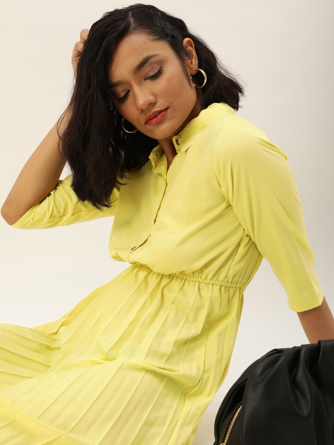 

U&F Women Yellow Self Design Fit and Flare Dress