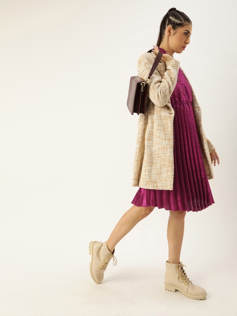 

U&F Women Magenta Pink Solid Accordion Pleated Fit and Flare Dress