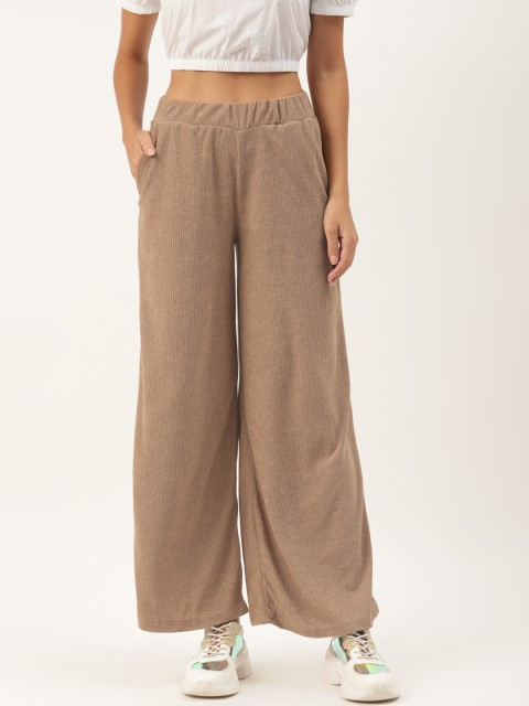 

TRENDYOL COLLECTION Women Beige Self Striped Parallel Trousers