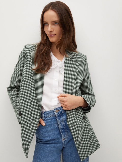 

MANGO Women Green & Off-White Checked Double Breasted Sustainable Casual Blazer