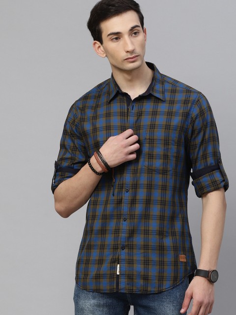 

Roadster Men Blue & Olive Green Pure Cotton Regular Fit Checked Casual Shirt