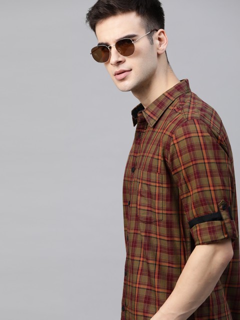 

Roadster Men Olive Green & Burgundy Tartan Checked Pure Cotton Casual Shirt