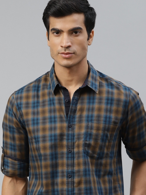 

The Roadster Lifestyle Co Men Blue & Olive Brown Checked Pure Cotton Regular Fit Casual Shirt