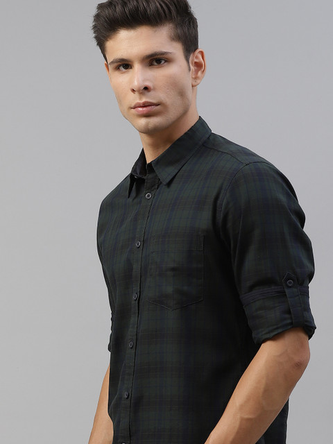 

Roadster Men Navy Blue & Olive Green Tartan Checked Pure Cotton Casual Shirt