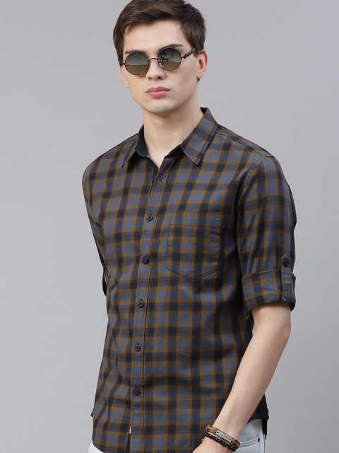 

Roadster Men Brown & Navy Blue Regular Fit Checked Pure Cotton Casual Shirt