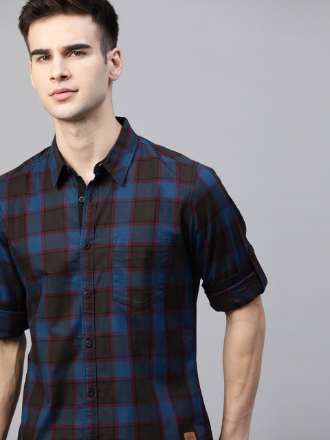 

Roadster Men Blue & Brown Checked Pure Cotton Casual Shirt