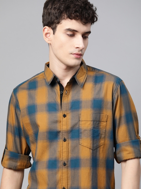 

Roadster Men Blue & Mustard Yellow Gingham Checks Checked Cotton Casual Shirt