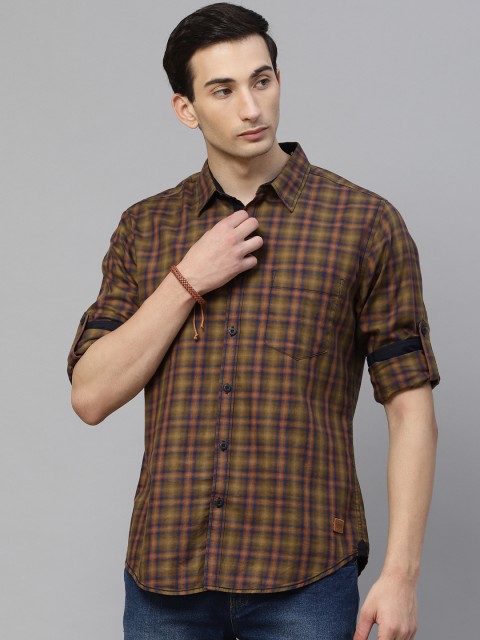

Roadster Men Olive Green & Navy Blue Pure Cotton Regular Fit Checked Casual Shirt