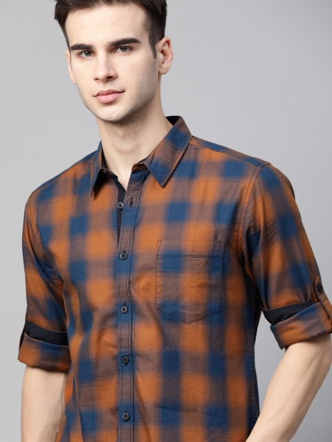 

Roadster Men Mustard Orange & Blue Pure Cotton Checked Casual Shirt