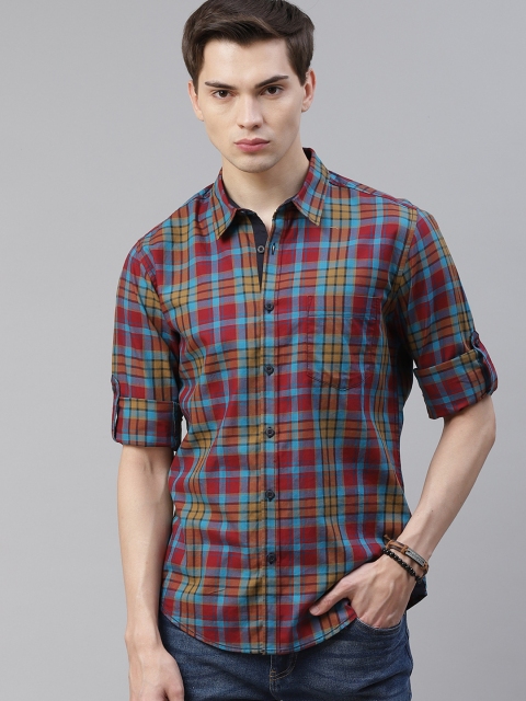

Roadster Men Rust Orange & Blue Pure Cotton Regular Fit Checked Casual Shirt
