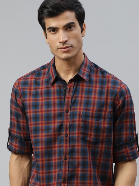 

Roadster Men Blue & Orange Checked Pure Cotton Regular Fit Casual Shirt