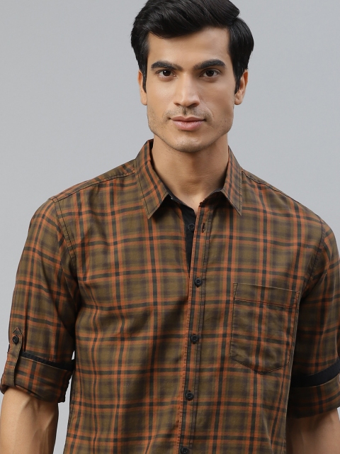 

Roadster Men Olive Green & Rust Brown Pure Cotton Checked Regular Fit Casual Shirt