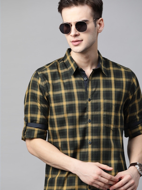 

Roadster Men Yellow & Olive Green Pure Cotton Checked Casual Shirt