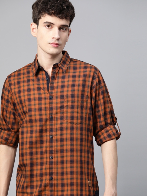 

Roadster Men Rust Orange & Navy Blue Pure Cotton Tartan Checked Casual Shirt