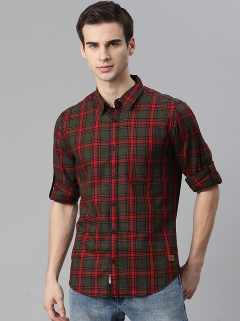 

Roadster Men Olive Green & Red Tartan Checked Twill Pure Cotton Casual Shirt