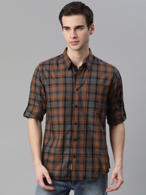 

Roadster Men Grey & Mustard Brown Tartan Checked Pure Cotton Casual Shirt