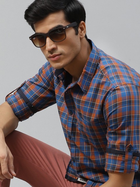 

Roadster Men Blue & Rust Brown Regular Fit Checked Pure Cotton Casual Shirt