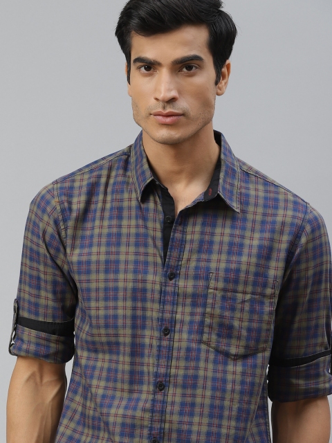 

Roadster Men Blue & Olive Green Tartan Checks Checked Casual Shirt