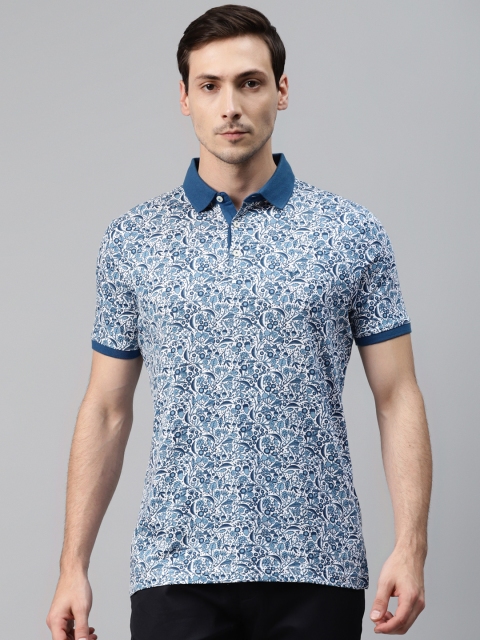 

Blackberrys Men White Blue Floral Print Pure Cotton Polo Collar Pure Cotton T-shirt