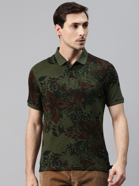 

Blackberrys Men Olive Green Floral Print Polo Collar T-shirt