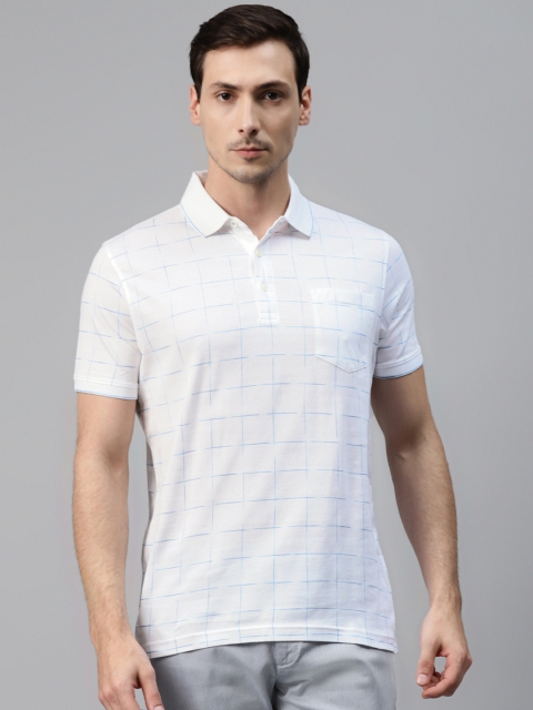 

Blackberrys Men White Blue Checked Pure Cotton Polo Collar Pure Cotton T-shirt