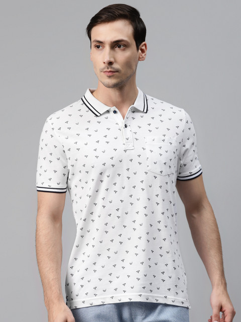 

Blackberrys Men White Black Paper Bird Print Pure Cotton Polo Collar Pure Cotton T-shirt