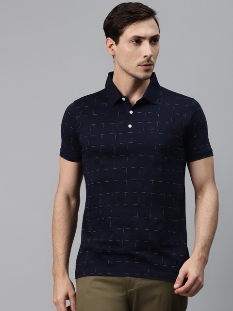 

Blackberrys Men Navy Blue Mustard Yellow Geometric Print Pure Cotton Polo Collar Pure Cotton T-shirt