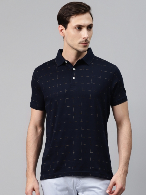 

Blackberrys Men Navy Blue & Mustard Yellow Printed Pure Cotton Polo Collar T-shirt