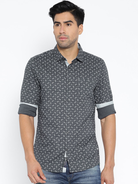 

Being Human Clothing Charcoal Grey Printed Slim Casual Shirt