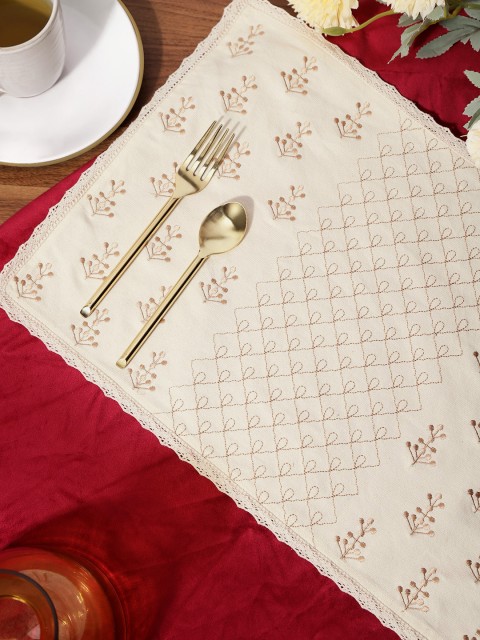 

House of Pataudi Set of 6 Off-White Embroidered Pure Cotton Rectangular Table Placemats