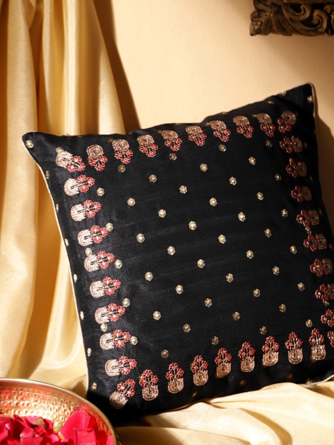 

House of Pataudi Black & Golden Embroidered Square Cushion Cover