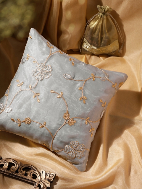 

House of Pataudi Grey & Gold-Toned Embroidered Square Cushion Covers