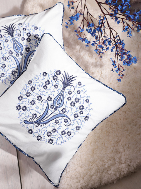 

House of Pataudi White & Blue Set of 2 Cotton Embroidered Square Cushion Covers