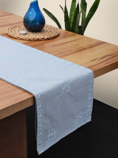 

House of Pataudi Blue & Silver Floral Embroidered Cotton Table Runner