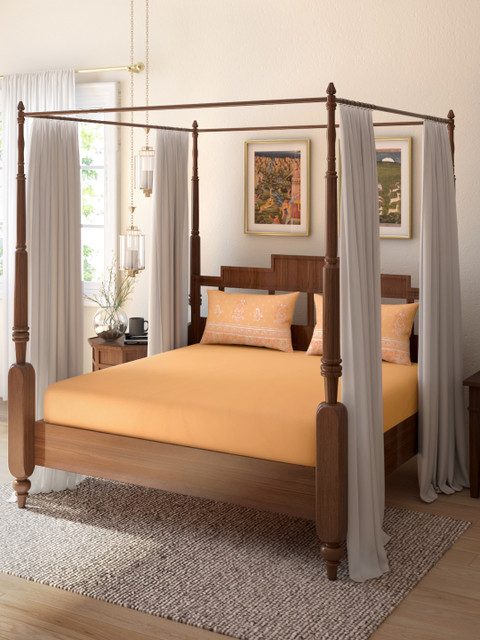 

House of Pataudi Coral Orange & White Cotton 400 TC Queen Bedsheet with 2 Pillow Covers