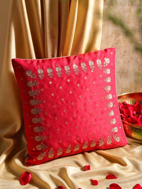 

House of Pataudi Red & Golden Embroidered Square Cushion Cover
